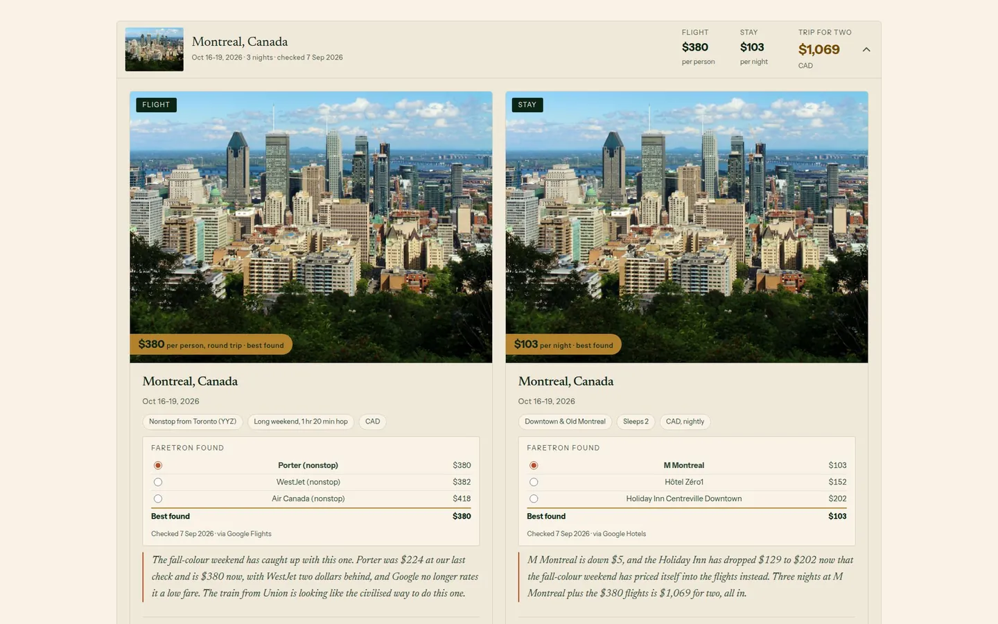 Dreamfare pairing a flight and a hotel stay for the same dates, with prices and notes