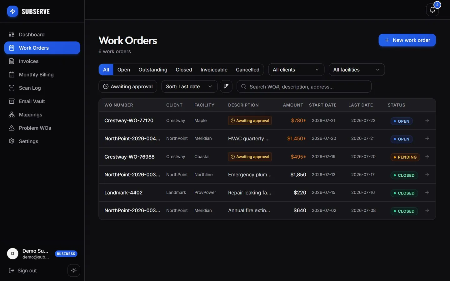 SubServe work orders list filtered by status, with amounts and dates