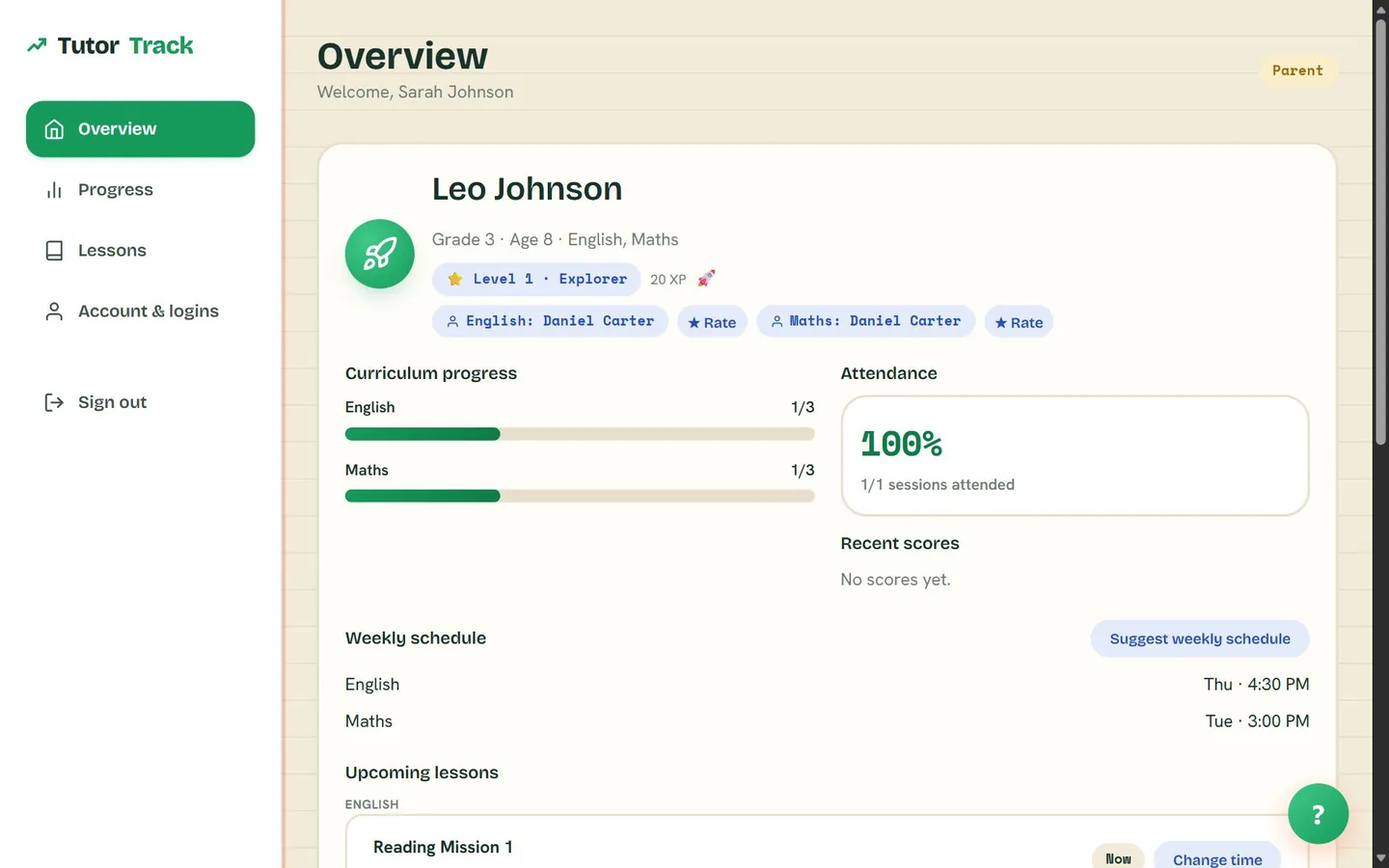 TutorTrack, a Stackloom product: a parent's overview of lessons and progress